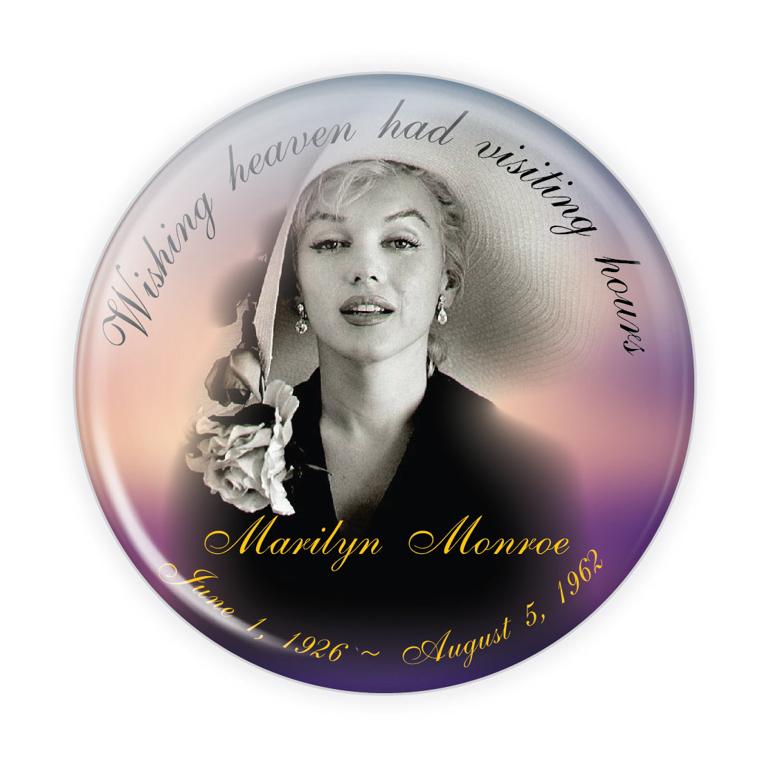 Customizable memorial button featuring a serene pink and purple sky, symbolizing peace, remembrance, and love. A thoughtful tribute pin for honoring loved ones.