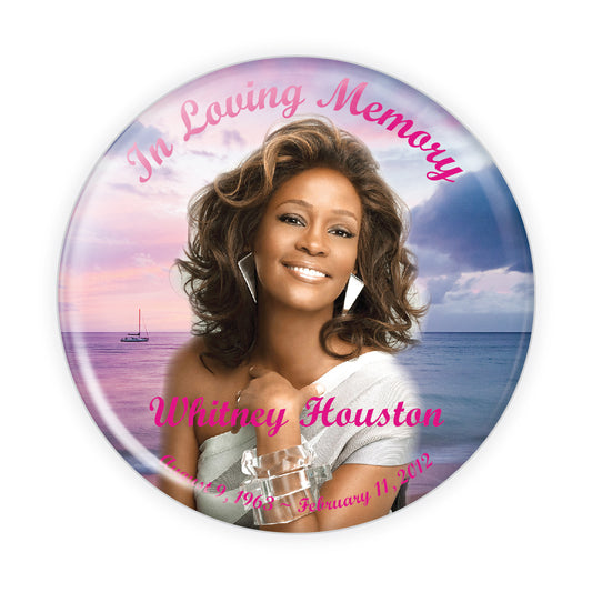 Customizable memorial button featuring a peaceful pink sunset over the ocean, symbolizing love, remembrance, and tranquility. A heartfelt tribute pin for honoring loved ones.